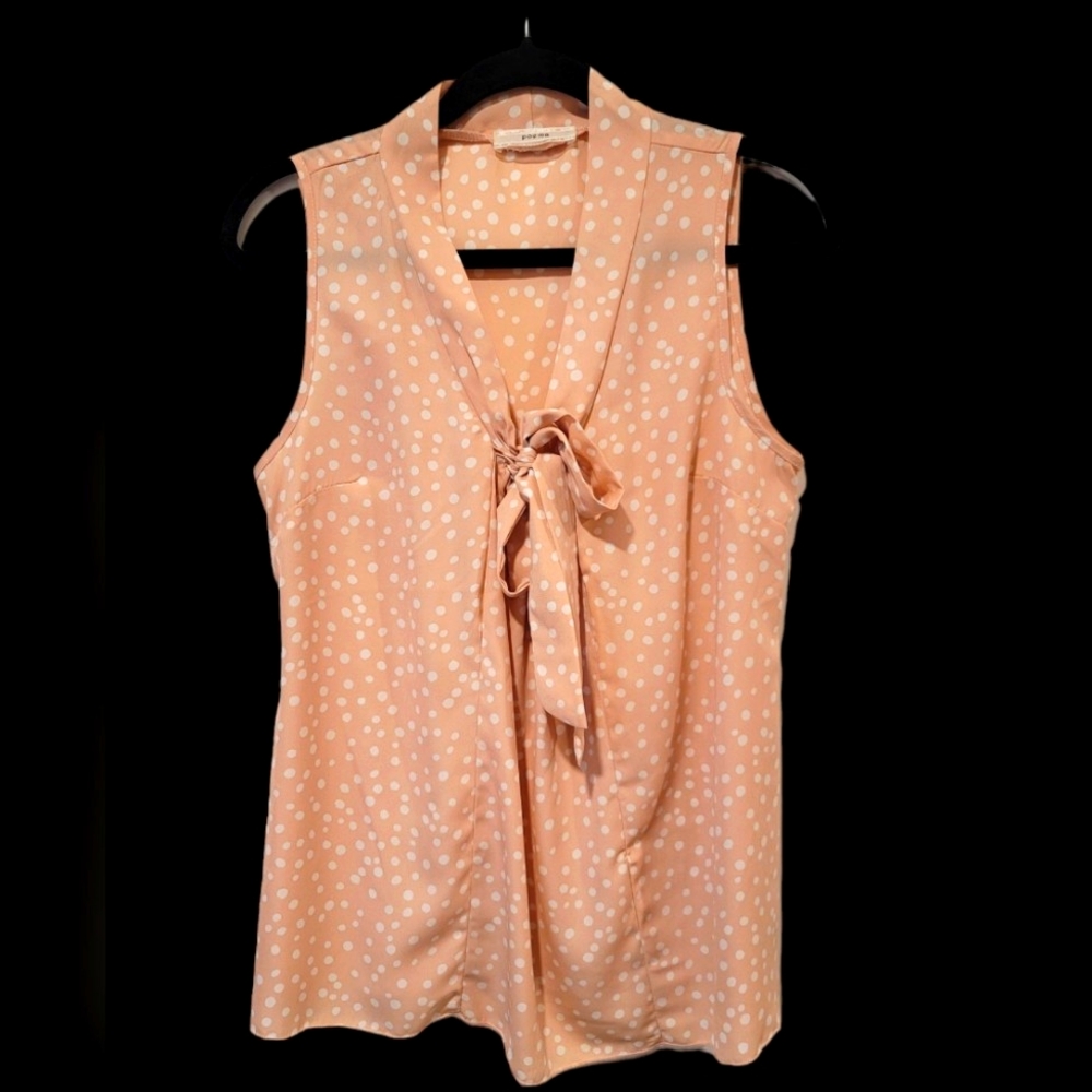 POEMA Women Sleeveless Top with Front Bowtie Pink Polka dots Small 100% Polyeste